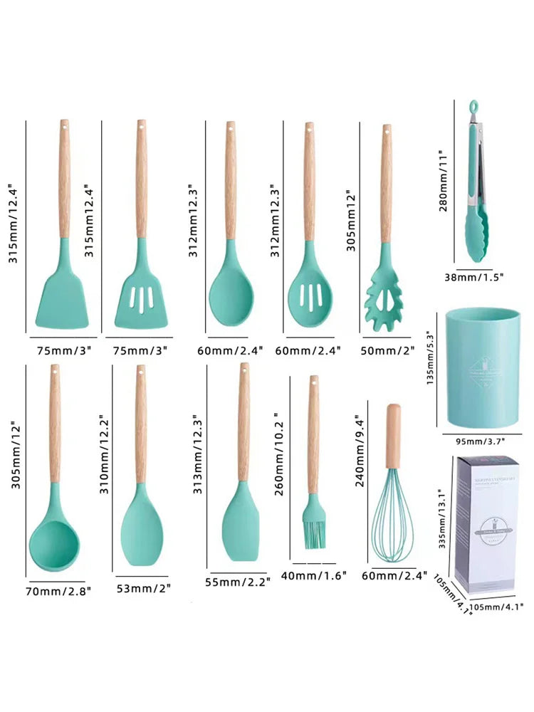 Juego de 12 utensilios de silicón con mango de madera – foto 7