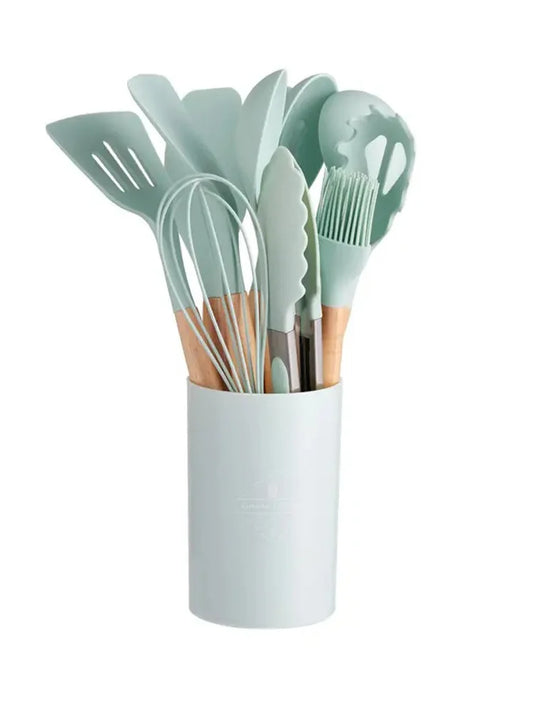 Juego de 12 utensilios de silicón con mango de madera