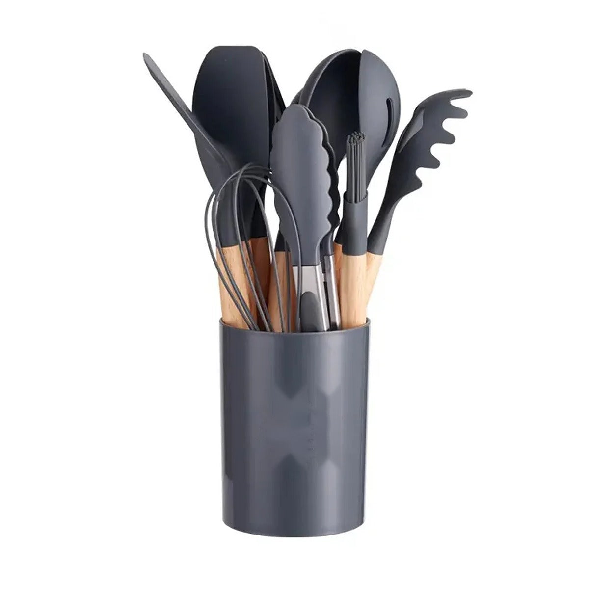 Juego de 12 utensilios de silicón con mango de madera – Gris claro