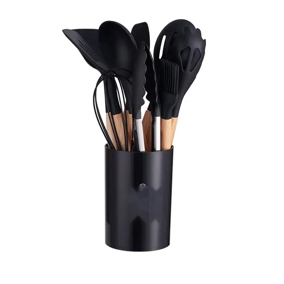 Juego de 12 utensilios de silicón con mango de madera – Negro